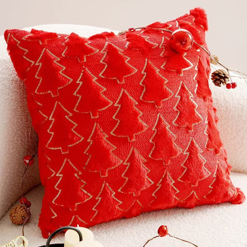Détail de la broderie 3D du sapin et du contour doré sur la housse de coussin de Noël — MaisonFAME