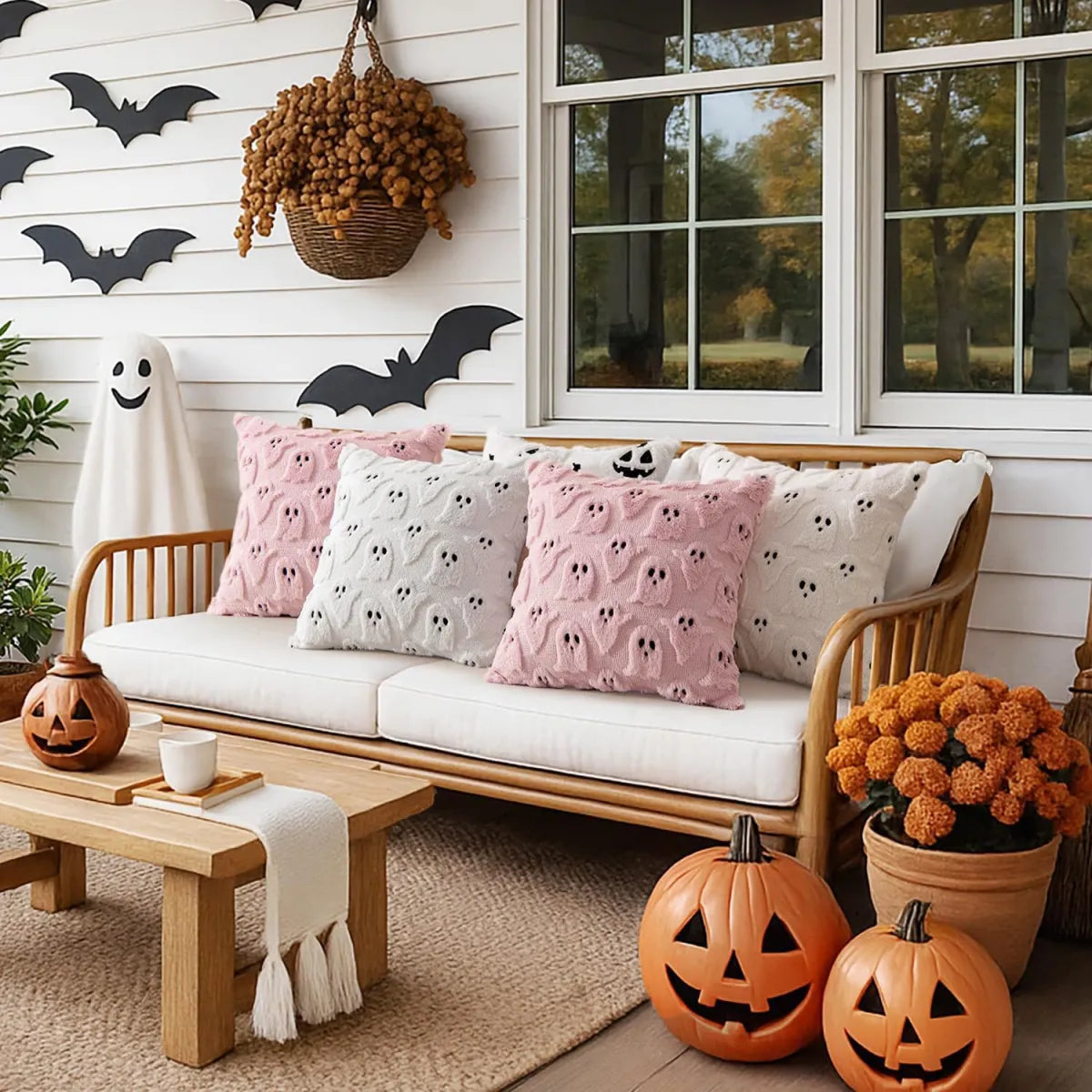 Coussin fantôme Halloween brodé, déco saisonnière de salon — MaisonFAME