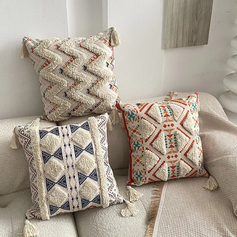 Housse de coussin en lin bohème imprimée, finition capitonnée — MaisonFAME
