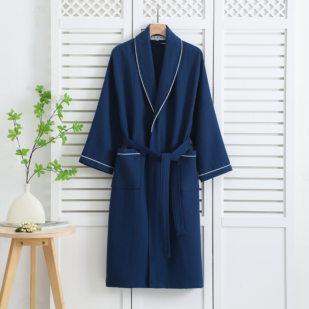 Peignoir en coton gaufré bleu marine à liseré blanc — MaisonFAME