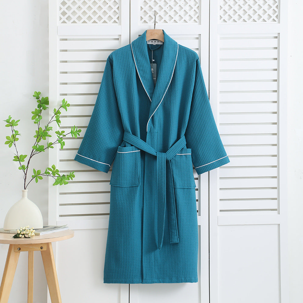 Peignoir en coton gaufré bleu paon à liseré blanc — MaisonFAME