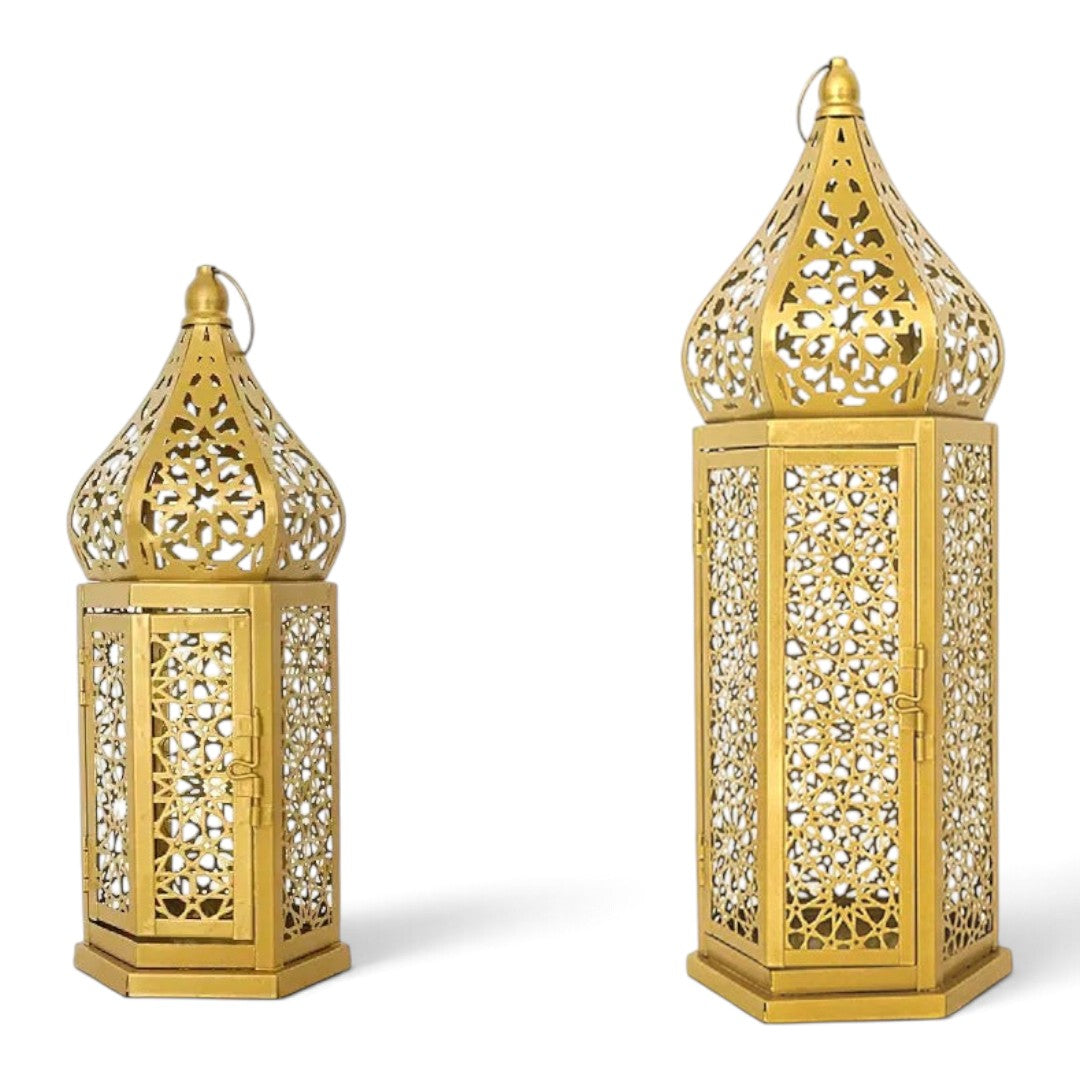 Ensemble de deux lanternes MaisonFAME en métal doré avec motifs ajourés traditionnels de style marocain